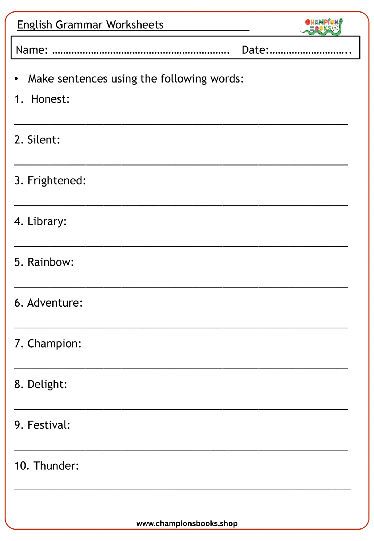 Grade 3 make sentences worksheet for English grammar practice with 10 words