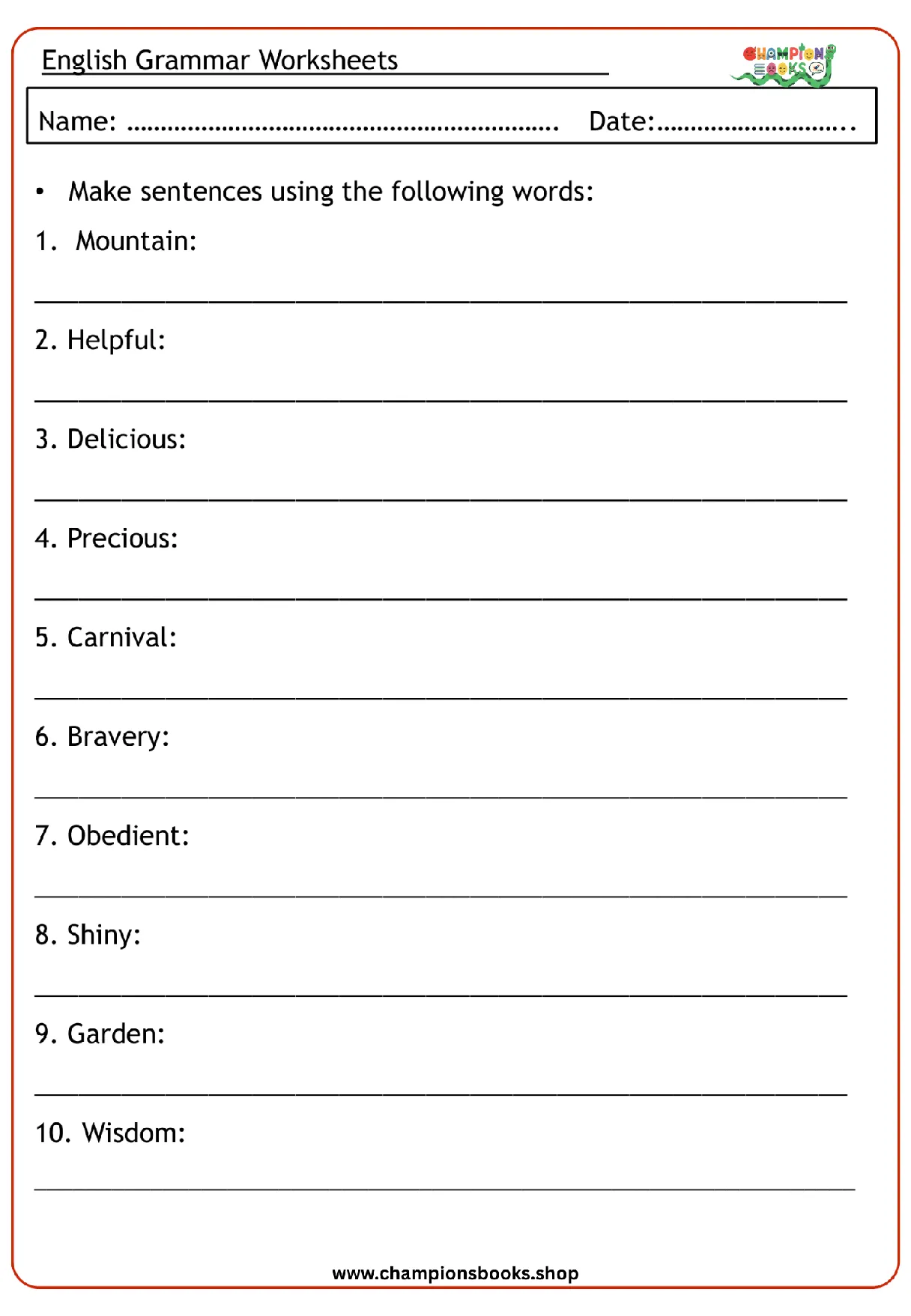 Grade 3 sentence writing worksheet for English grammar practice