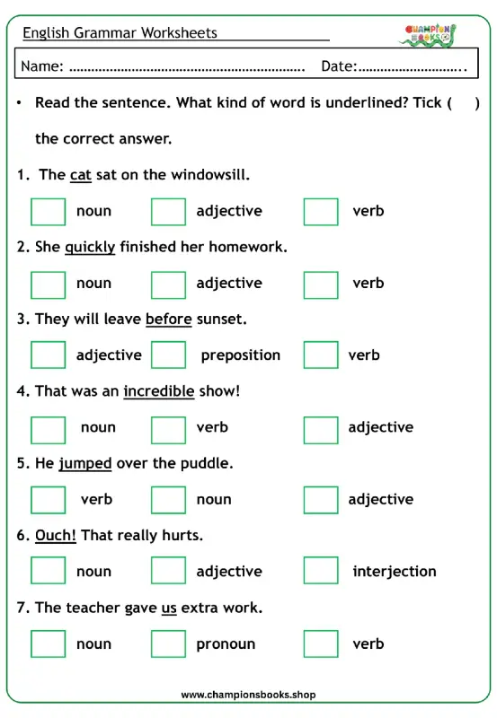 Master Parts of Speech: Grade 3 English Grammar Worksheet