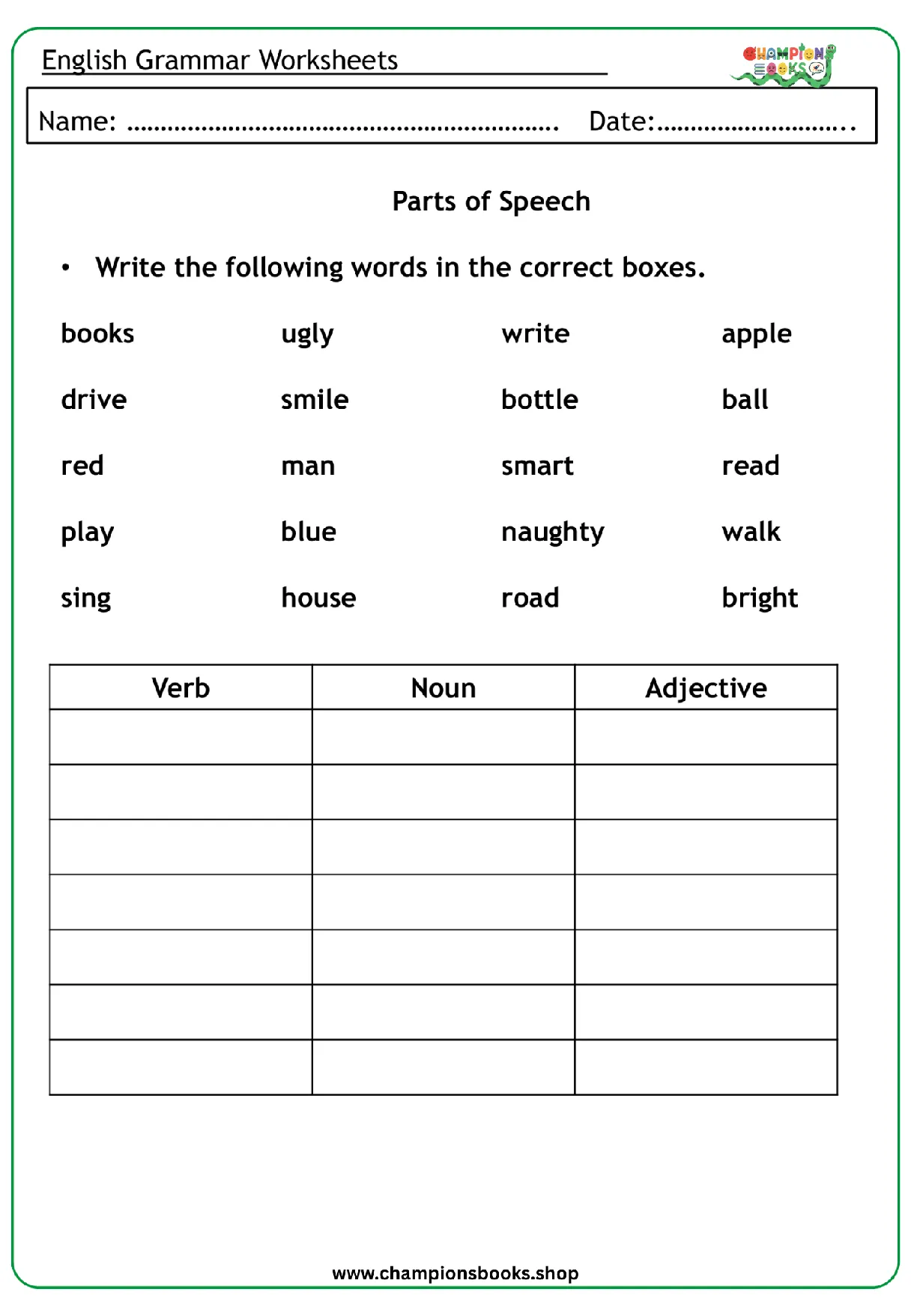 Parts of Speech Worksheet for Grade 2 | Verbs, Nouns, Adjectives