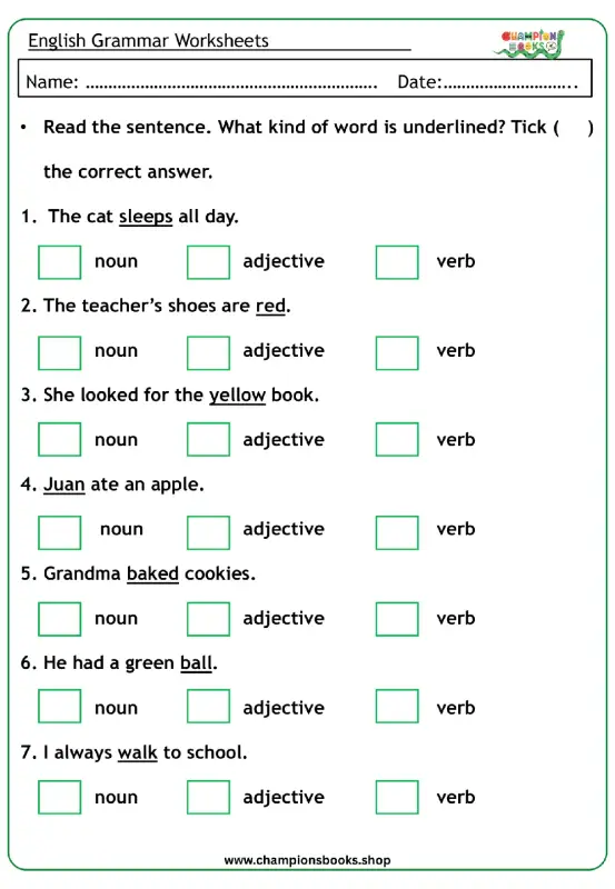 Grade 1 Parts of Speech Worksheet: Nouns, Adjectives, Verbs