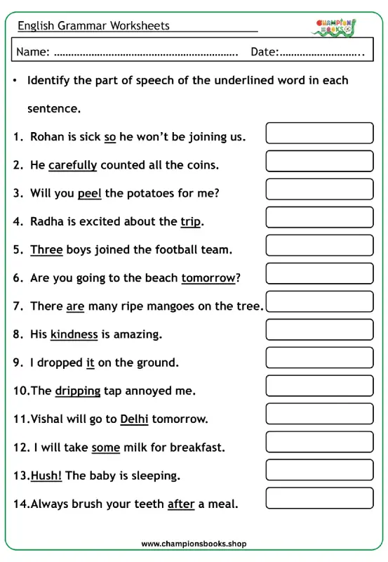 Identify Parts of Speech Worksheet for Grade 4 English