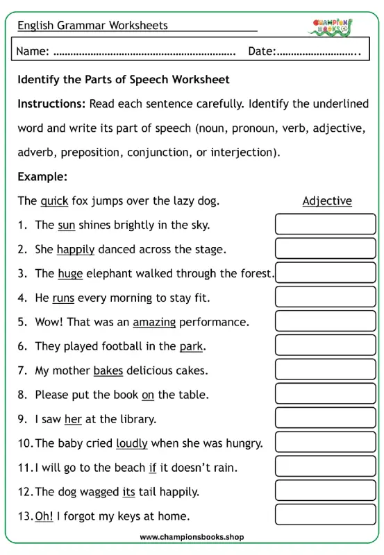 Parts of Speech Worksheet for Grade 3 students to identify nouns, verbs, adjectives, and other parts of speech in sentences.