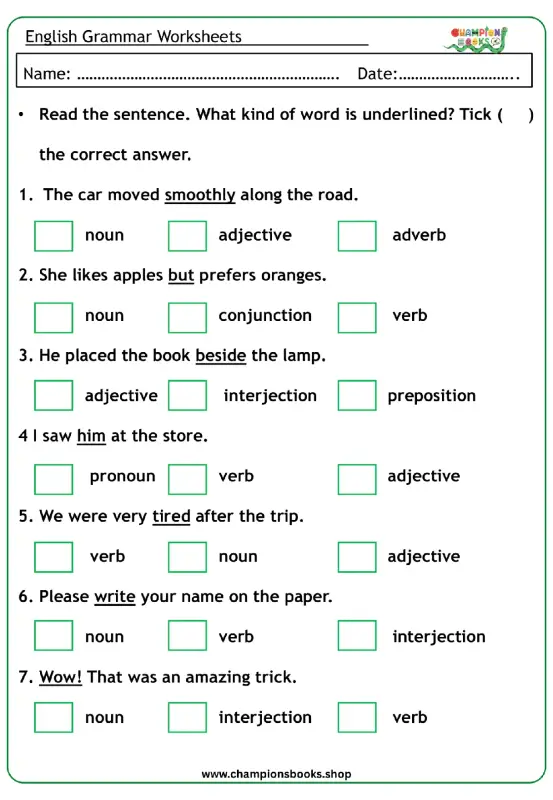 Parts of Speech Worksheet for Grade 4 - Fun Grammar Practice