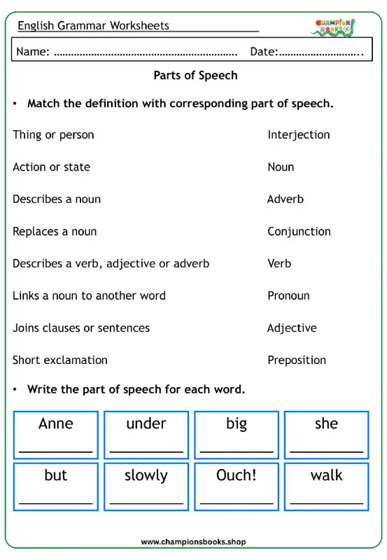 Grade 4 Parts of Speech Worksheet for English Grammar Practice