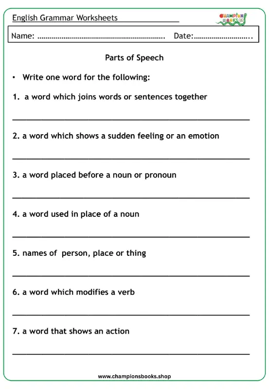 Parts of Speech Worksheet | English Grammar Practice for Kids