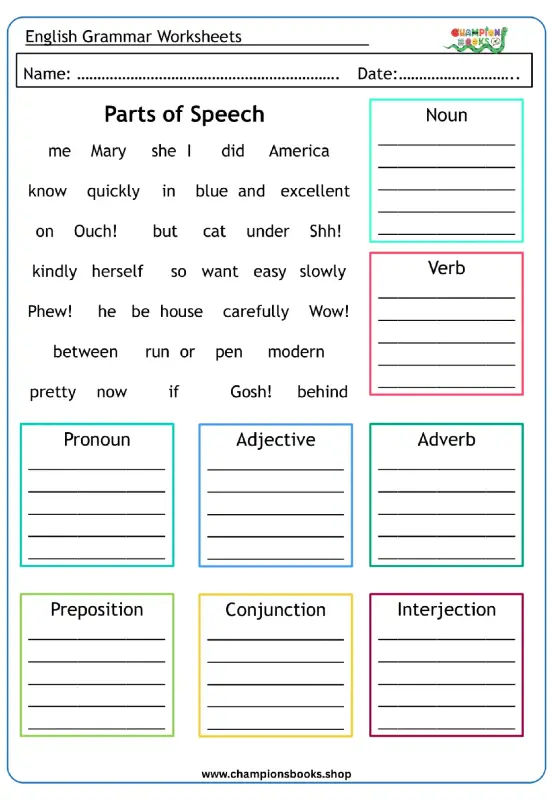 Parts of Speech Worksheet for Grade 3 students to practice identifying nouns, verbs, adjectives, adverbs, pronouns, prepositions, conjunctions, and interjections.