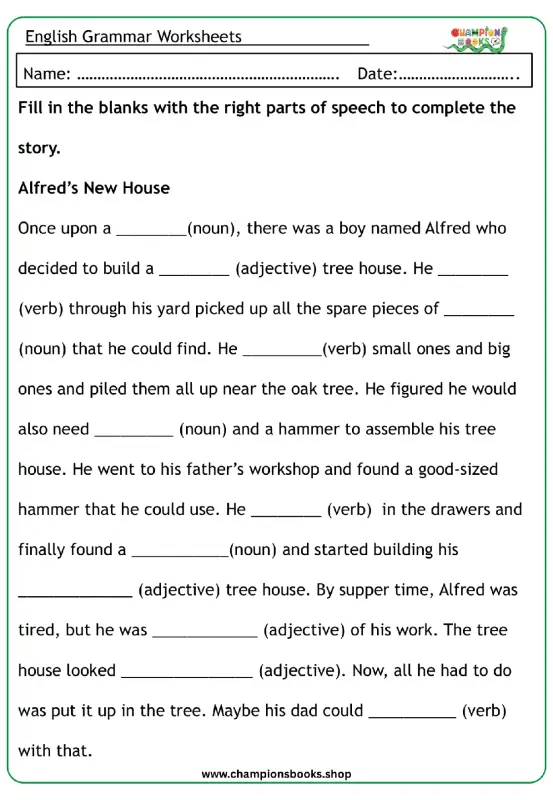 Grade 3 Parts of Speech Worksheet: Nouns, Verbs, Adjectives