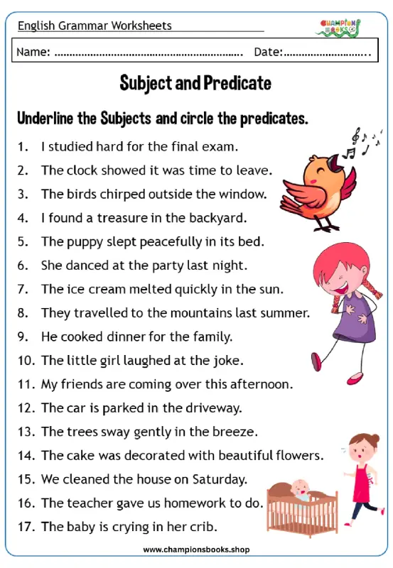 Subject and Predicate Worksheet for English Grammar Practice