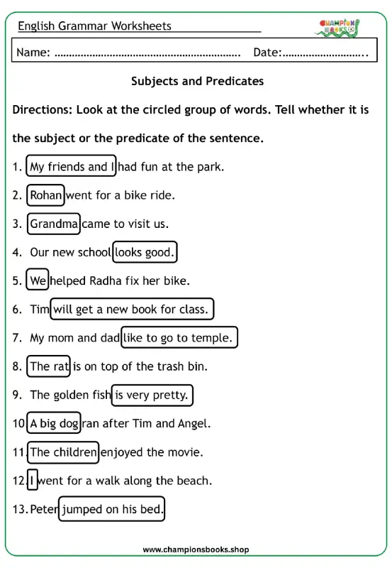 Master Subjects & Predicates | Grade 3 English Grammar Worksheet