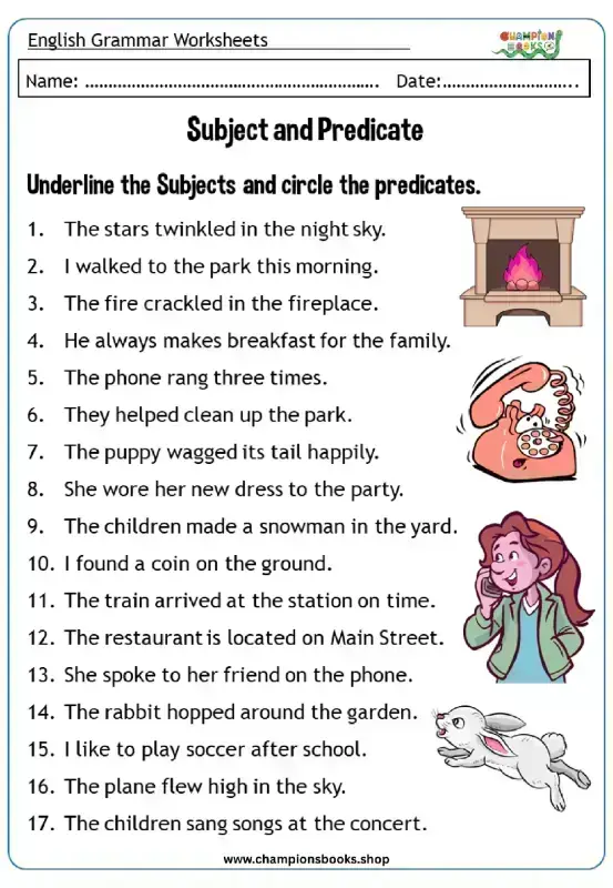 Subject and Predicate Worksheet for Grade 3 Grammar Practice