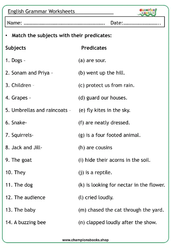 Match Subjects & Predicates Worksheet | Grade 3 Grammar Practice