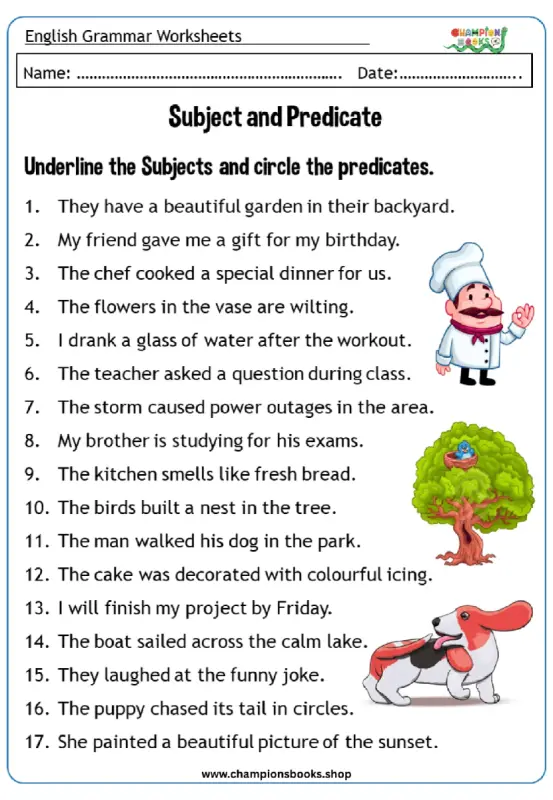 Subject and Predicate English grammar worksheet for identifying parts of a sentence.