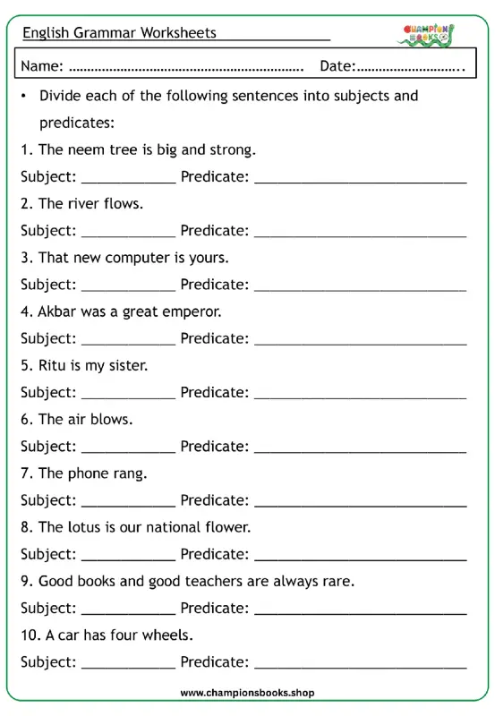 Grade 3 English Grammar Worksheet on Subject and Predicate Identification