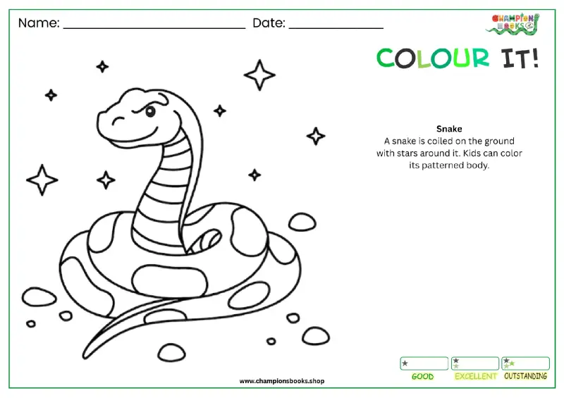 Free printable snake coloring page for kindergarten kids featuring a coiled snake and stars.