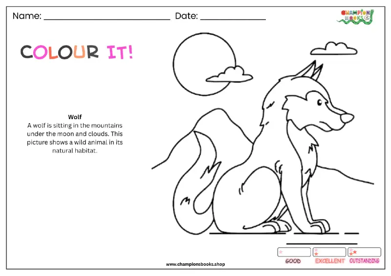 Wolf coloring page showing a wolf sitting in mountains under the moon and clouds, suitable for kindergarten kids.