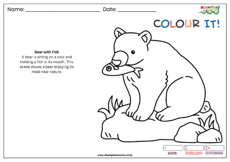 Bear with Fish Coloring Page for kids, featuring a bear holding a fish on a rock, perfect for early learners.