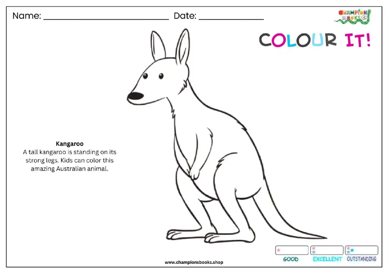 A simple line drawing of a kangaroo standing on its strong legs, ready for coloring. This kangaroo coloring page is perfect for young children.