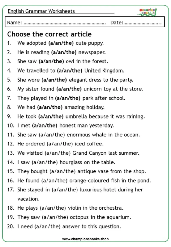 A Grade 4 English grammar worksheet for choosing the correct articles (a, an, the) in 20 sentences.