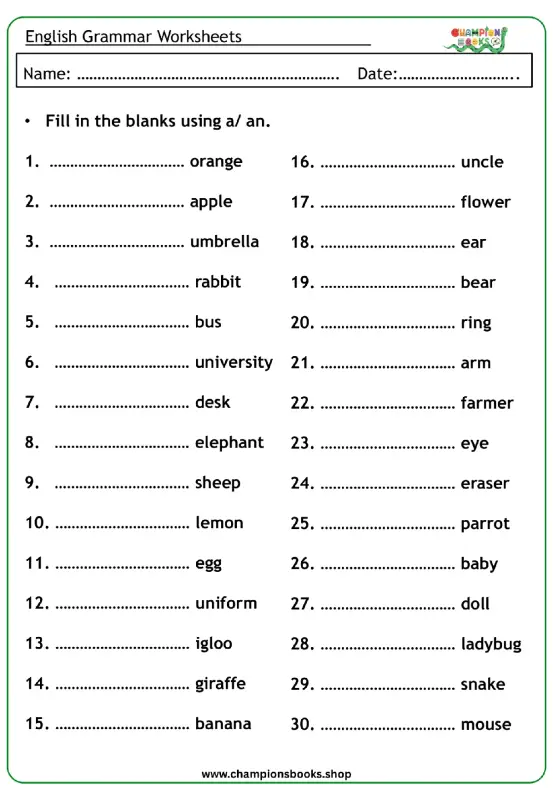 A vs An Worksheet for Grade 1 | English Grammar Practice