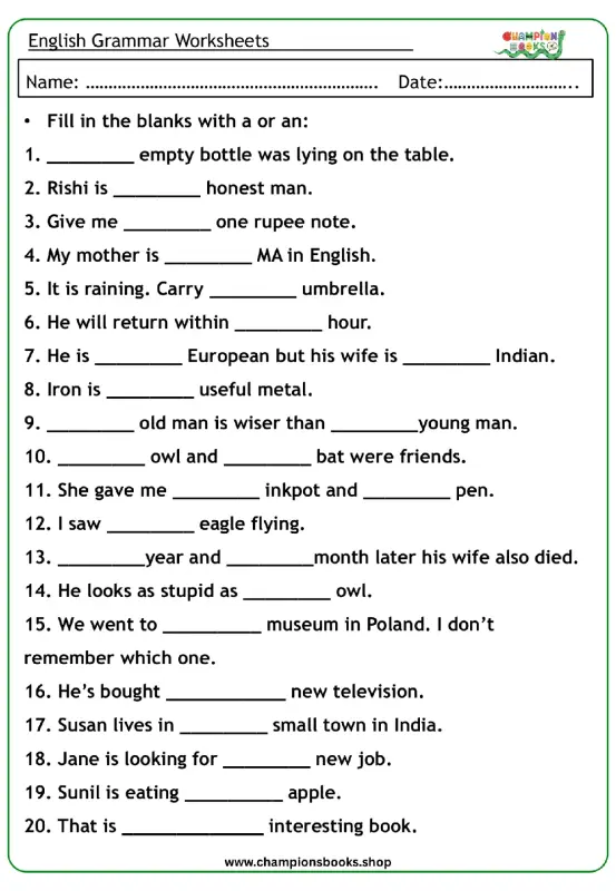 Master 'a' & 'an' | Grade 2 Articles Worksheet