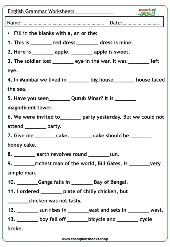 Master 'a, an, the' | Grade 2 English Grammar Worksheet