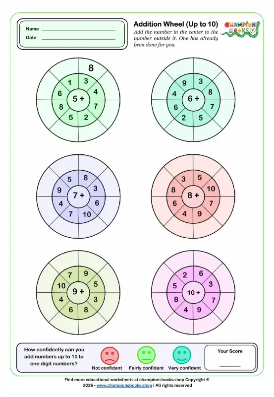 Addition Wheel Worksheet Up to 10 | Grade 1 Math Practice