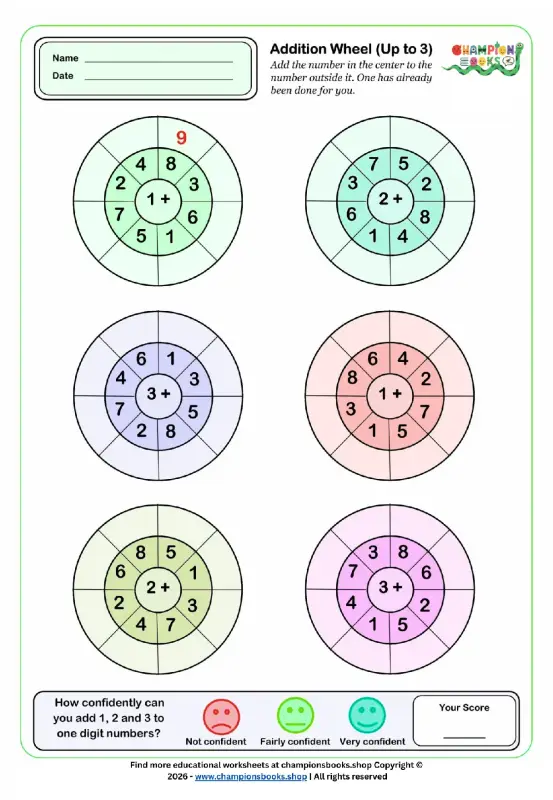 First Grade Addition Wheel Worksheet for practicing adding numbers 1, 2, and 3.