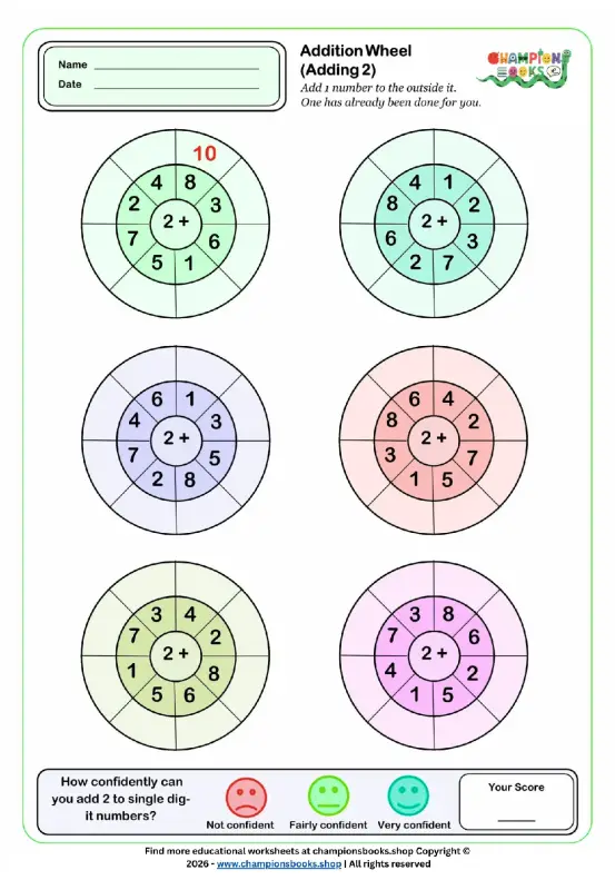 Addition Wheel: Practice Adding 2 | First Grade Math Worksheet