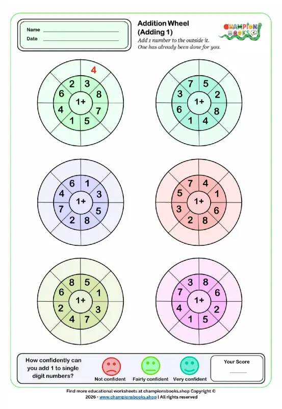 Kindergarten Addition Wheel worksheet for practicing adding 1 to single-digit numbers.