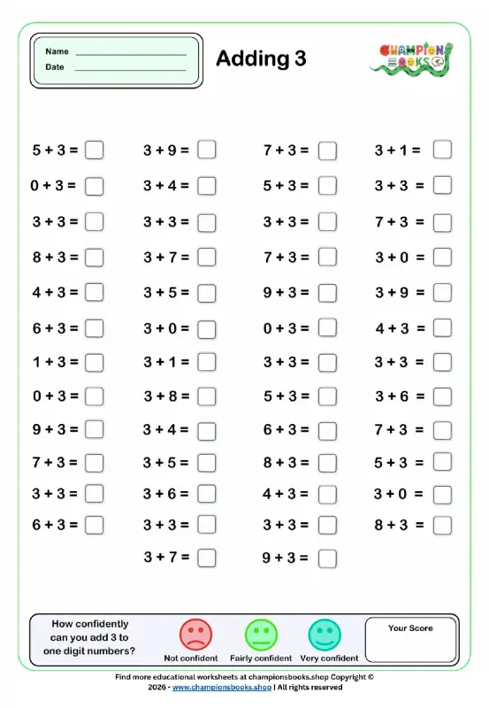 Adding 3 Worksheet for Grade 1 | Master Math Skills