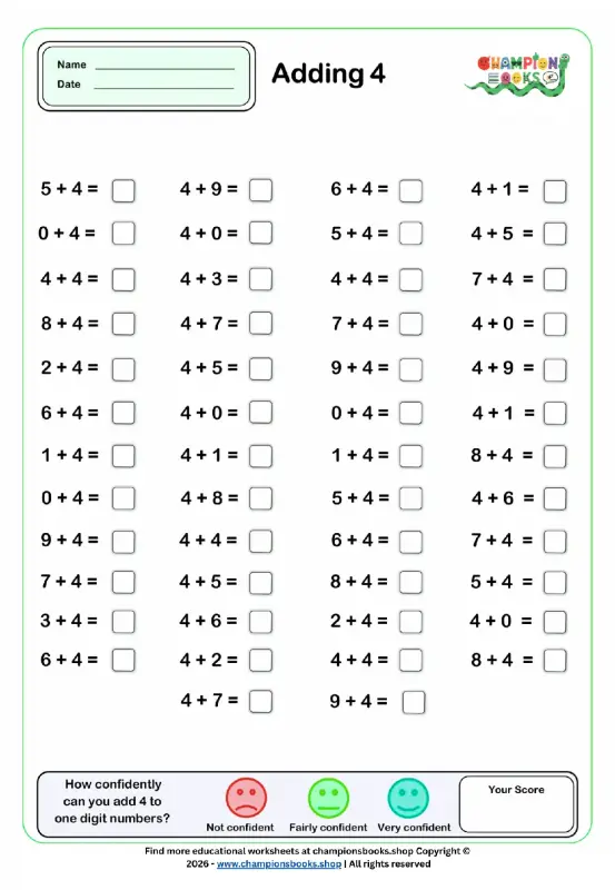 A printable adding 4 worksheet for Grade 1 students, featuring various single-digit addition problems where 4 is one of the addends. Includes spaces for name, date, and score.