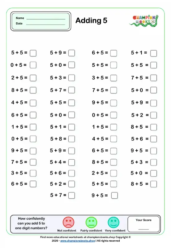Adding 5 worksheet for Grade 1 students practicing basic addition facts with the number 5.