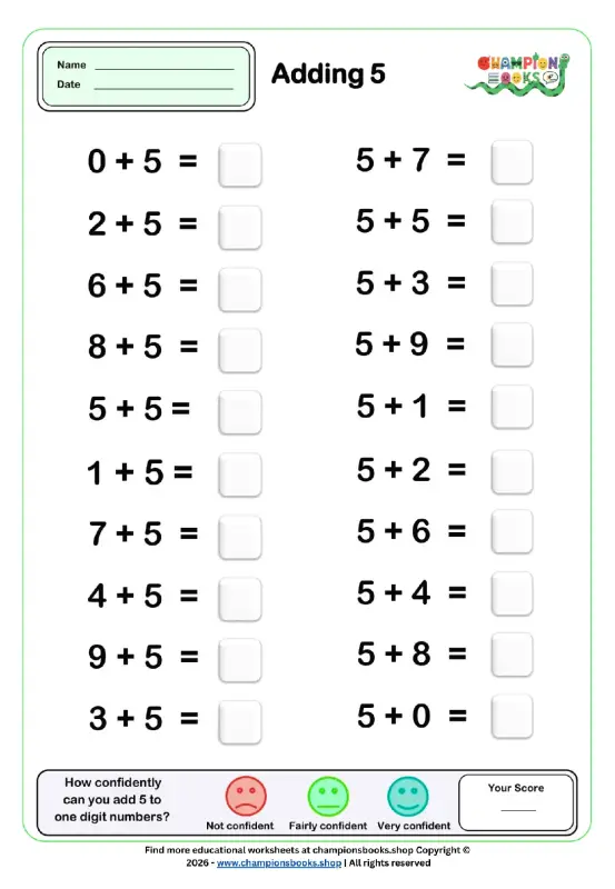 Champions Books: Addition Practice 5 Grade 1 Math Worksheet Practice