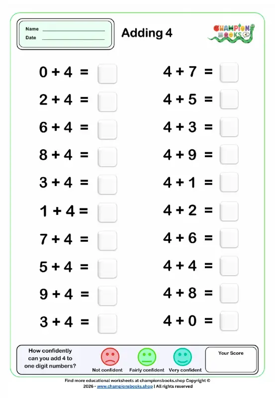 Adding 4 Worksheet | Fun Single-Digit Math Practice for Kids