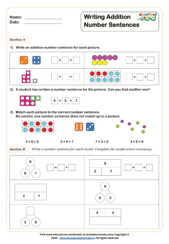 Grade 1 Addition Number Sentences Worksheet featuring exercises with dice, ten frames, unifix cubes, and number bonds.