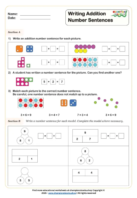 Write Addition Number Sentences: Grade 1 Math Practice