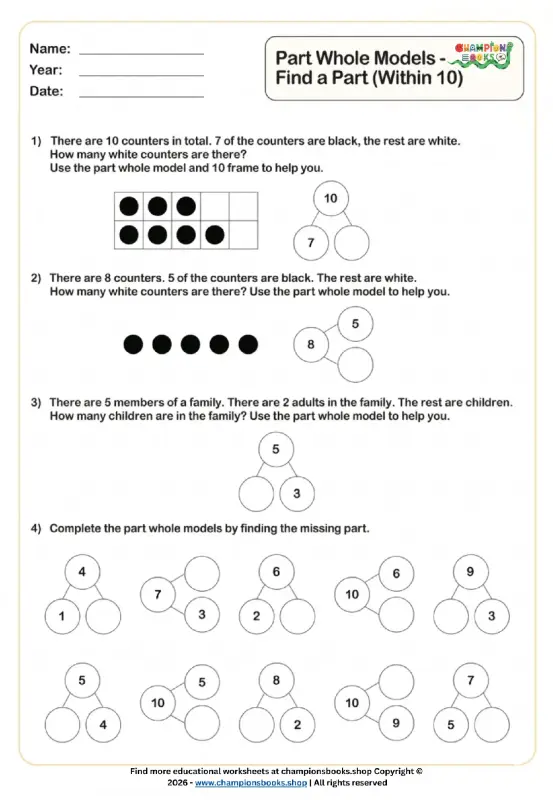 Part Whole Models: Find a Part (Within 10) Worksheet | Grade 1