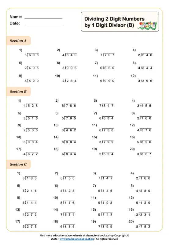 Dividing 2-Digit Numbers by 1-Digit Divisor Worksheet