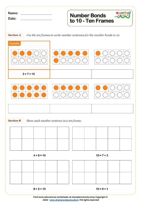 Number Bonds to 10 Worksheet | Ten Frames Math Practice