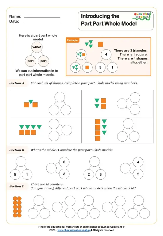 Introduce Part Part Whole Model | Grade 1 Math Worksheet