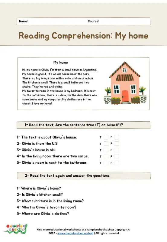 Fun Grade 1 Reading Comprehension: My Home Worksheet