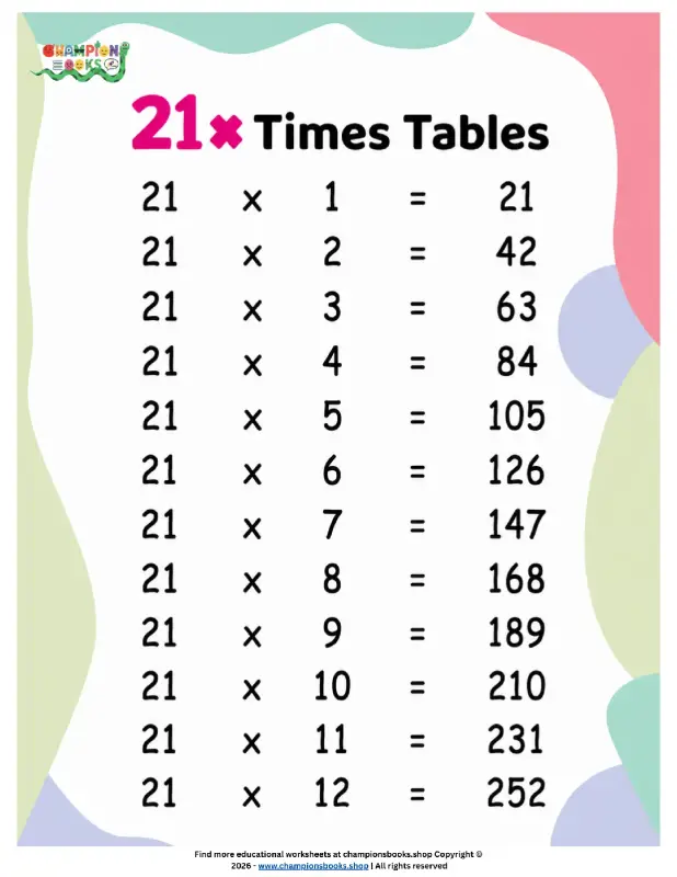 Master the 21 Times Table: Printable Math Worksheet