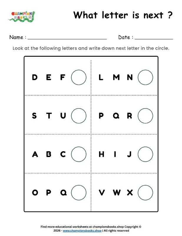 Next Letter Worksheet for Kindergarten | Alphabet Sequence