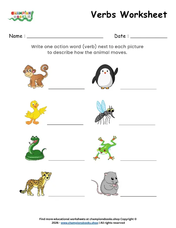 Action Verbs Worksheet for Grade 1 | Identify Animal Actions