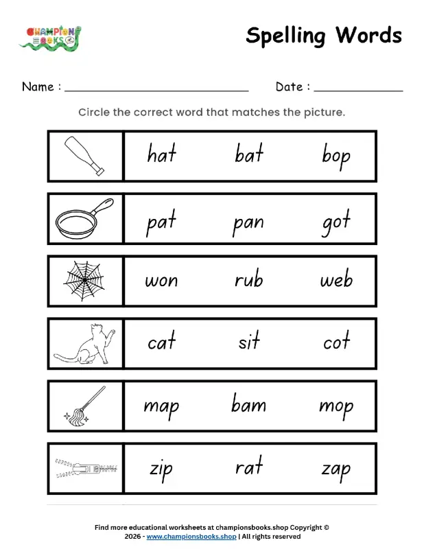 Kindergarten CVC Spelling Words Worksheet: Picture Match