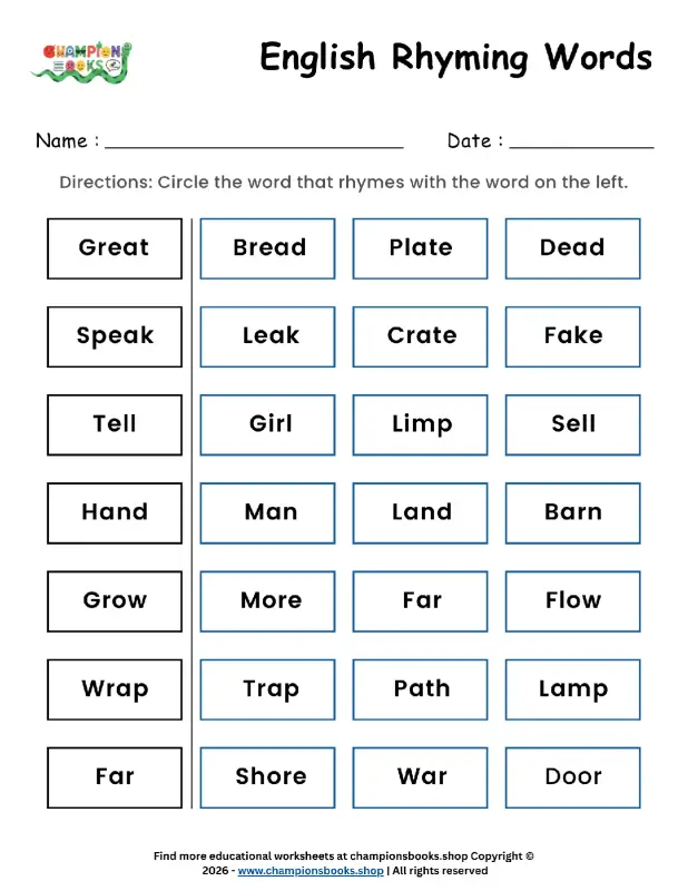 English Rhyming Words Worksheet for Grade 1 | Fun Practice