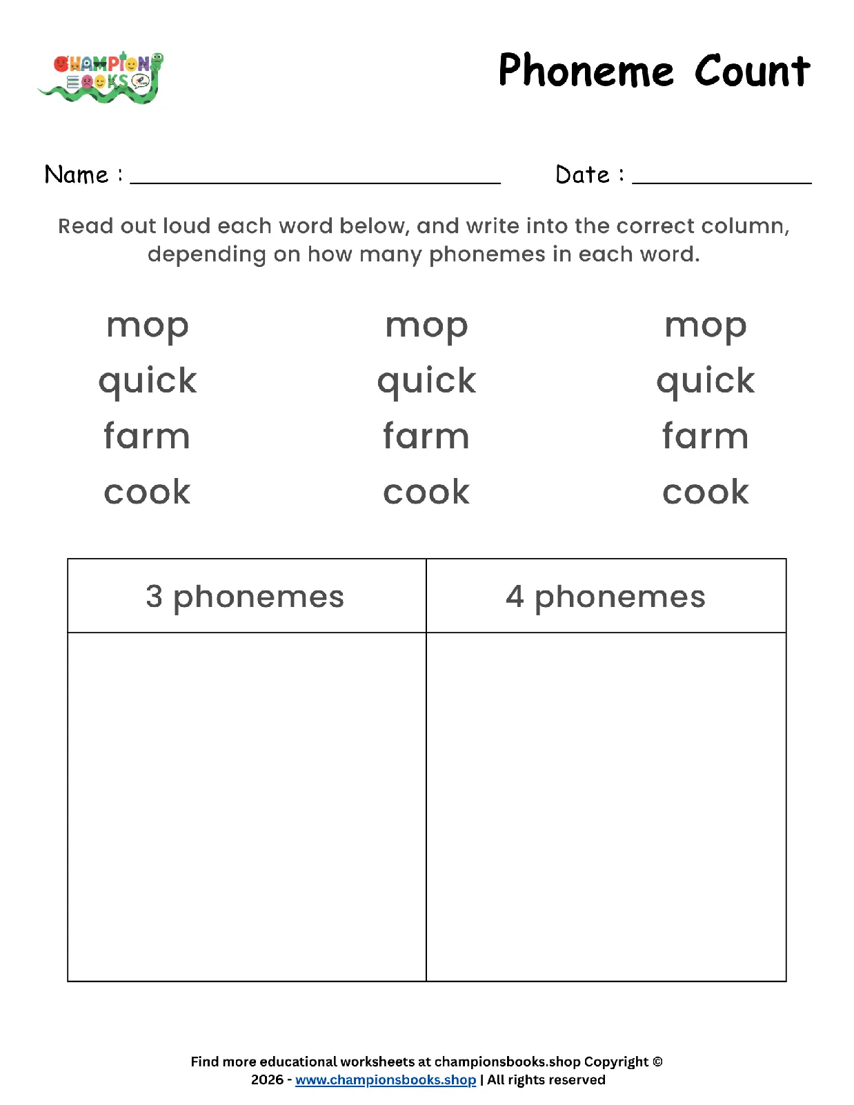 Phoneme Count Worksheet for Grade 1 | Learn Phonemes