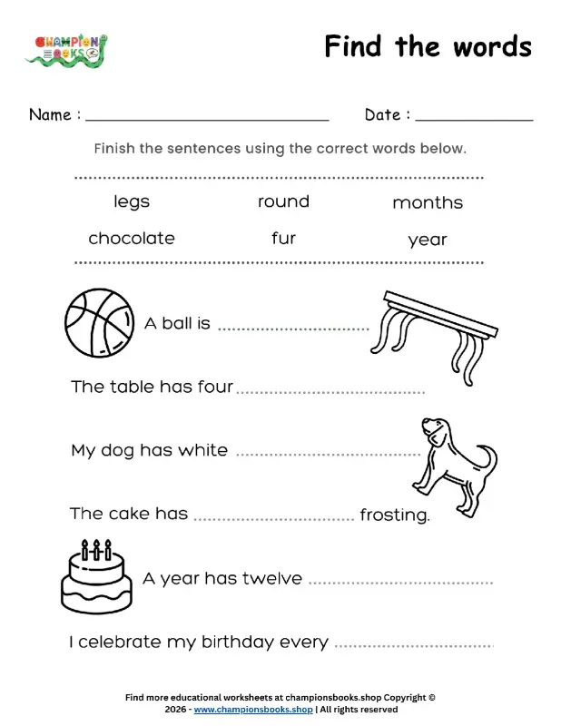 Find the Words Worksheet for Grade 1 | Sentence Completion