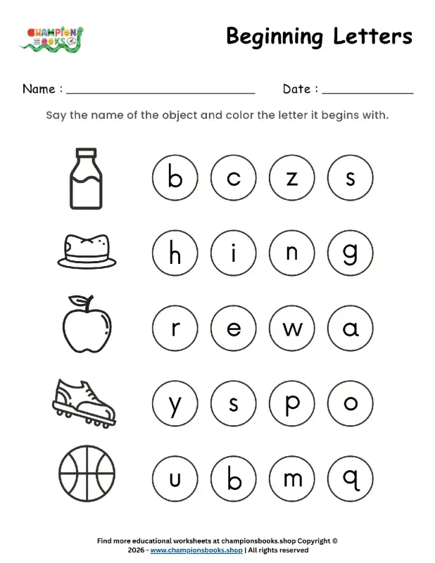 Kindergarten Beginning Letters Worksheet for Phonics